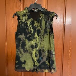 Elie Tahari Silk Green & Black Print Double Layer Sheer Blouse Size Small #2326